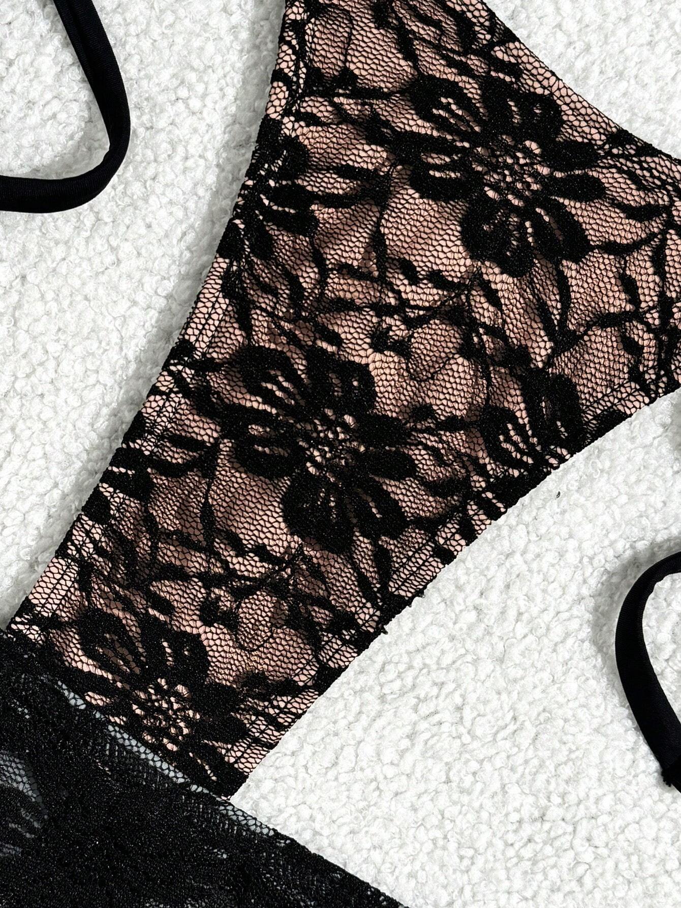 Swim Mod 3pcs/Set Women Sexy Solid Color Lace Flounce Hem Mini Skirt, Lace Triangle Cup Thong Pink Bikini - image 3