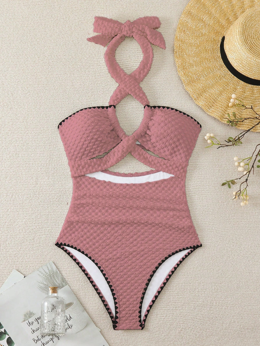 Swim Mod Contrast Binding Cut Out Halter Summer Beach One Piece Swimsuit - image 20