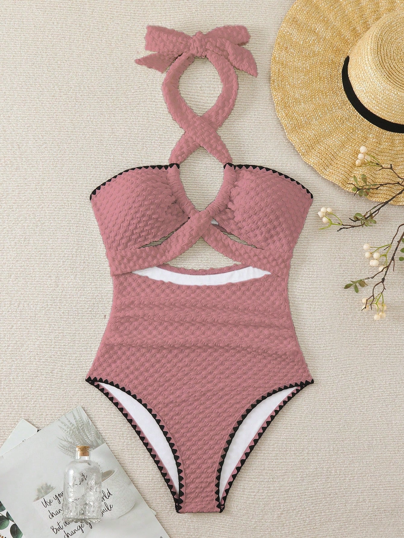 Swim Mod Contrast Binding Cut Out Halter Summer Beach One Piece Swimsuit - image 20