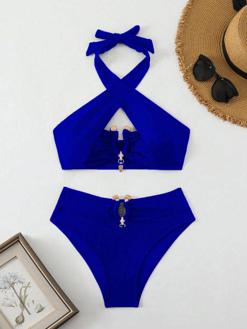 Swim SXY Solid Ring Linked Halter Summer Beach Bikini Set
