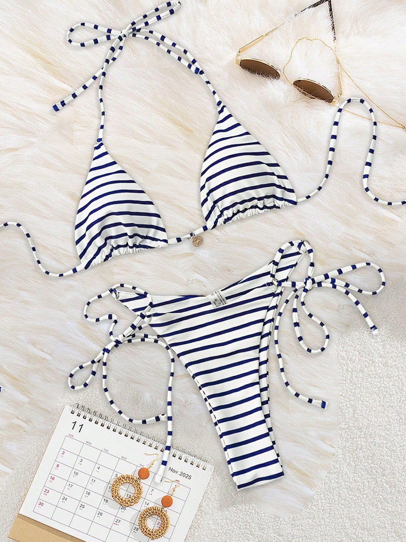 New Striped Triangle Bikini Set With Metal Pendant Decor, Spaghetti