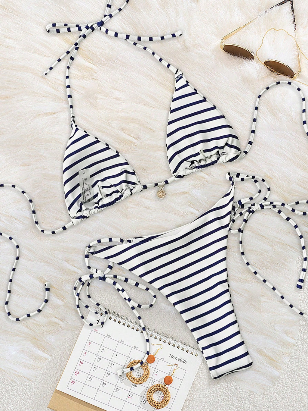 New Striped Triangle Bikini Set With Metal Pendant Decor, Spaghetti