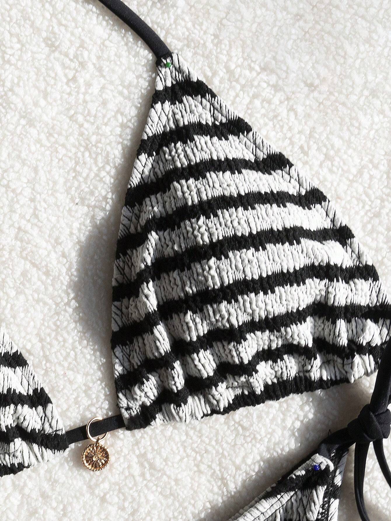 Premium European Halter Bikini With Striped Wavy Split Design,