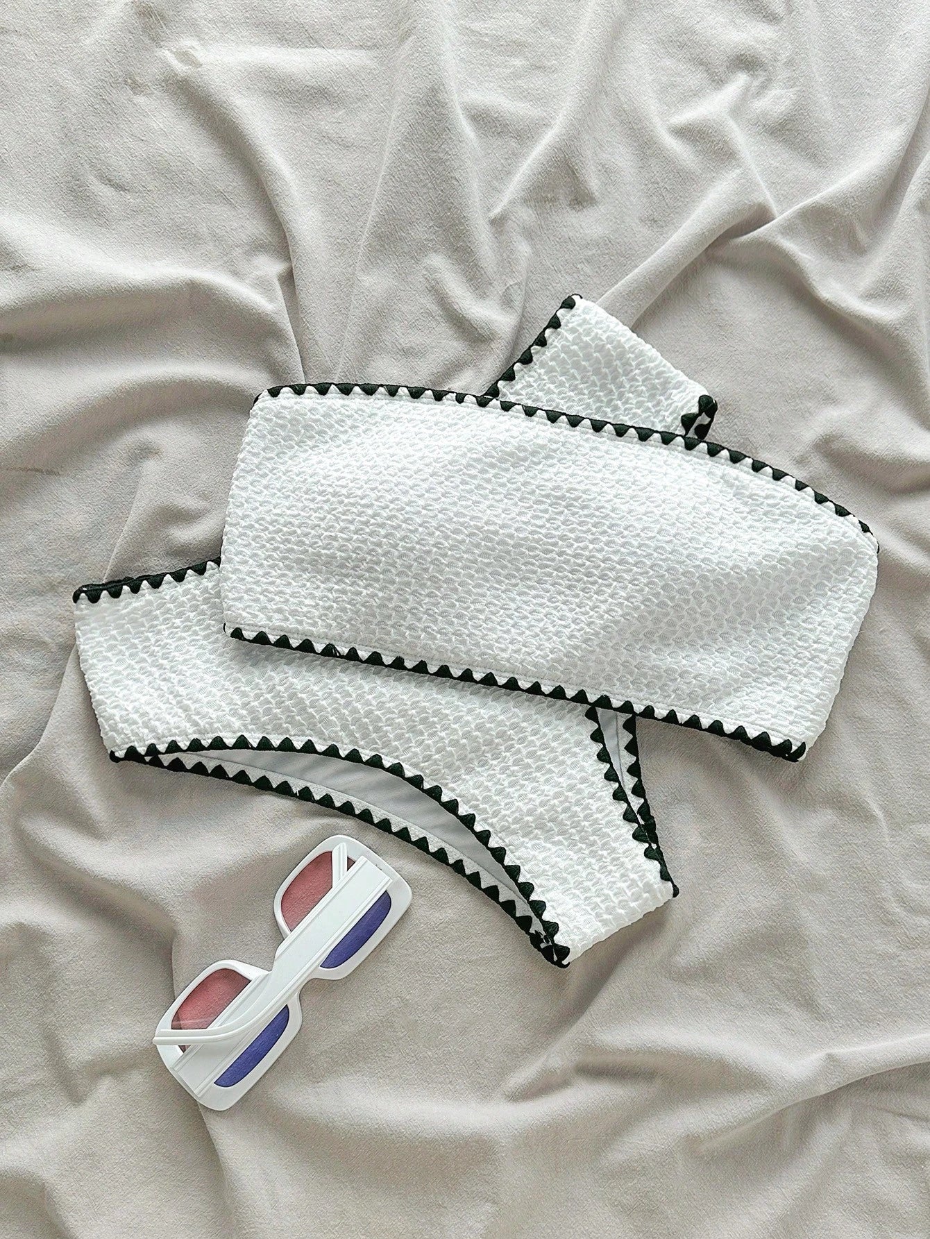 Swim Mod New Textured Fabric Women Summer Holiday Bandeau Teeth Edge Crafted Bikini Set - image 11