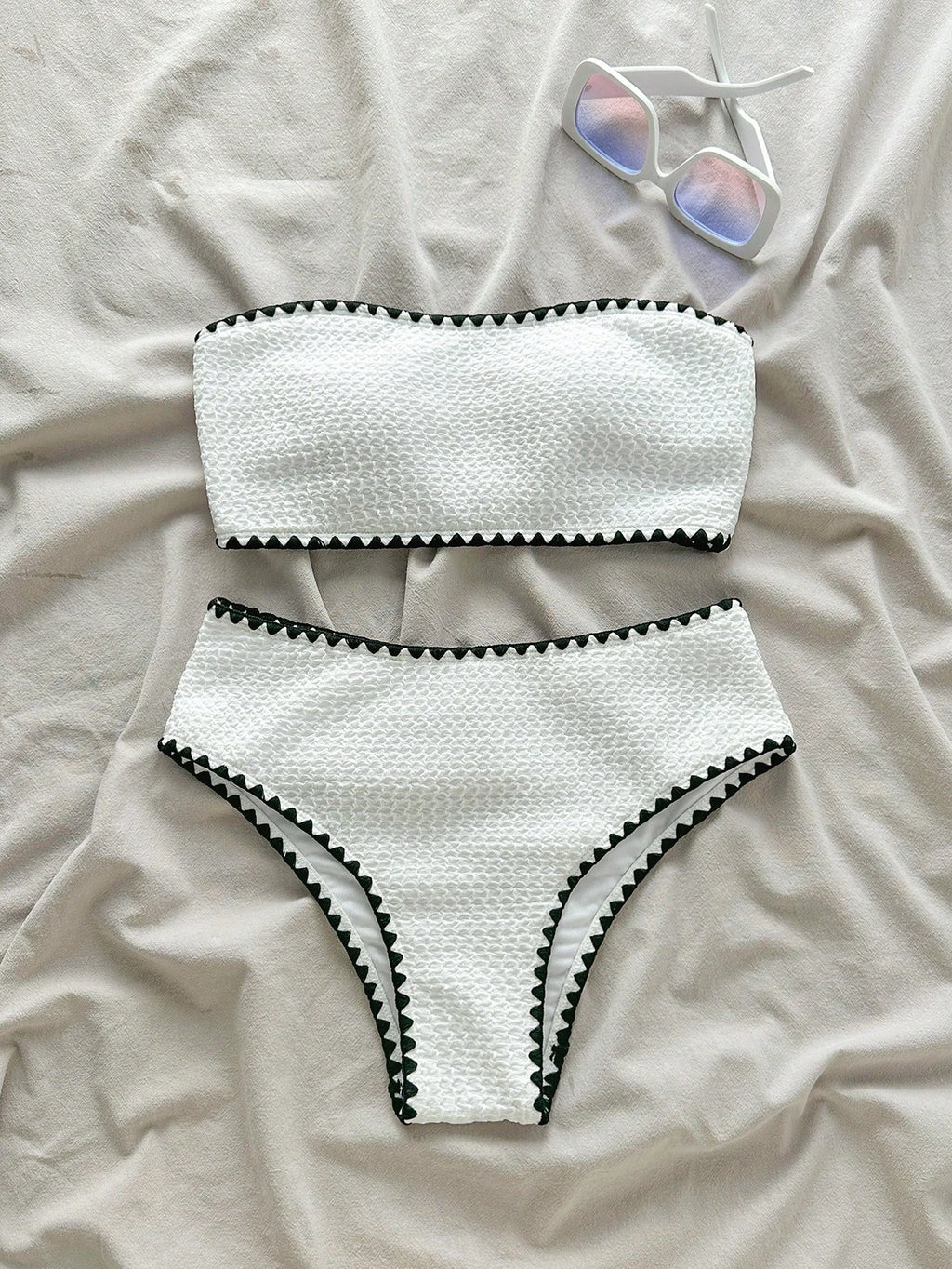 Swim Mod New Textured Fabric Women Summer Holiday Bandeau Teeth Edge Crafted Bik