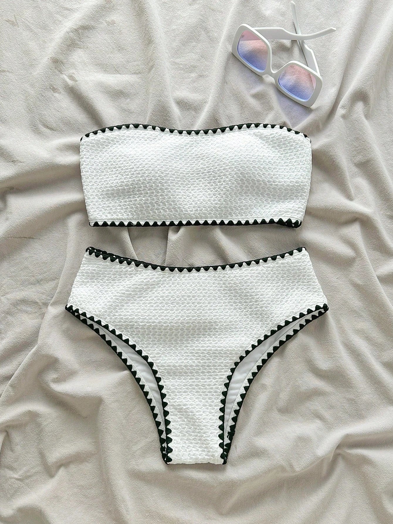 Swim Mod New Textured Fabric Women Summer Holiday Bandeau Teeth Edge Crafted Bik