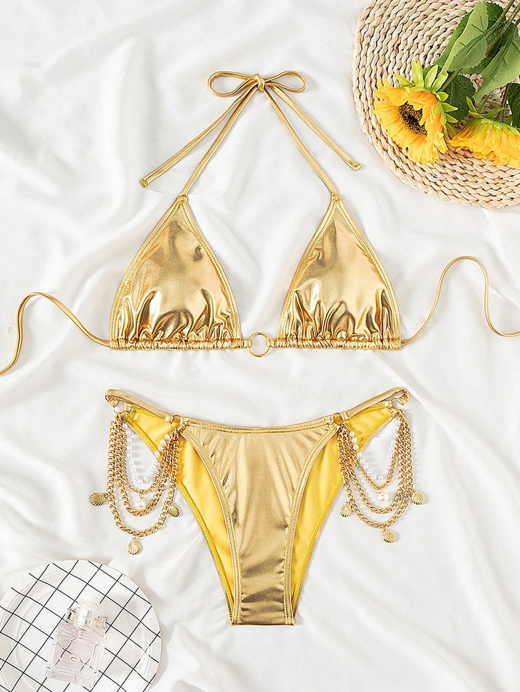 Swim SXY 2Pcs Set Women's Metallic Spring Break Swimwear, Sexy Triangle Bikini With Gold Metal Chain Detail, - image 4