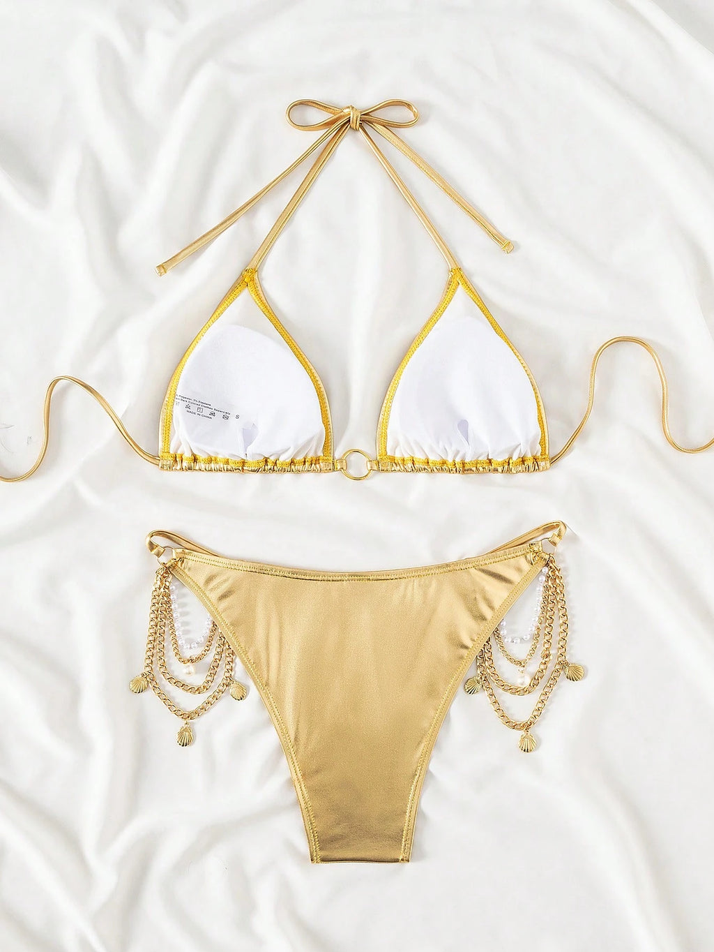 Swim SXY 2Pcs Set Women's Metallic Spring Break Swimwear, Sexy Triangle Bikini With Gold Metal Chain Detail, - image 5