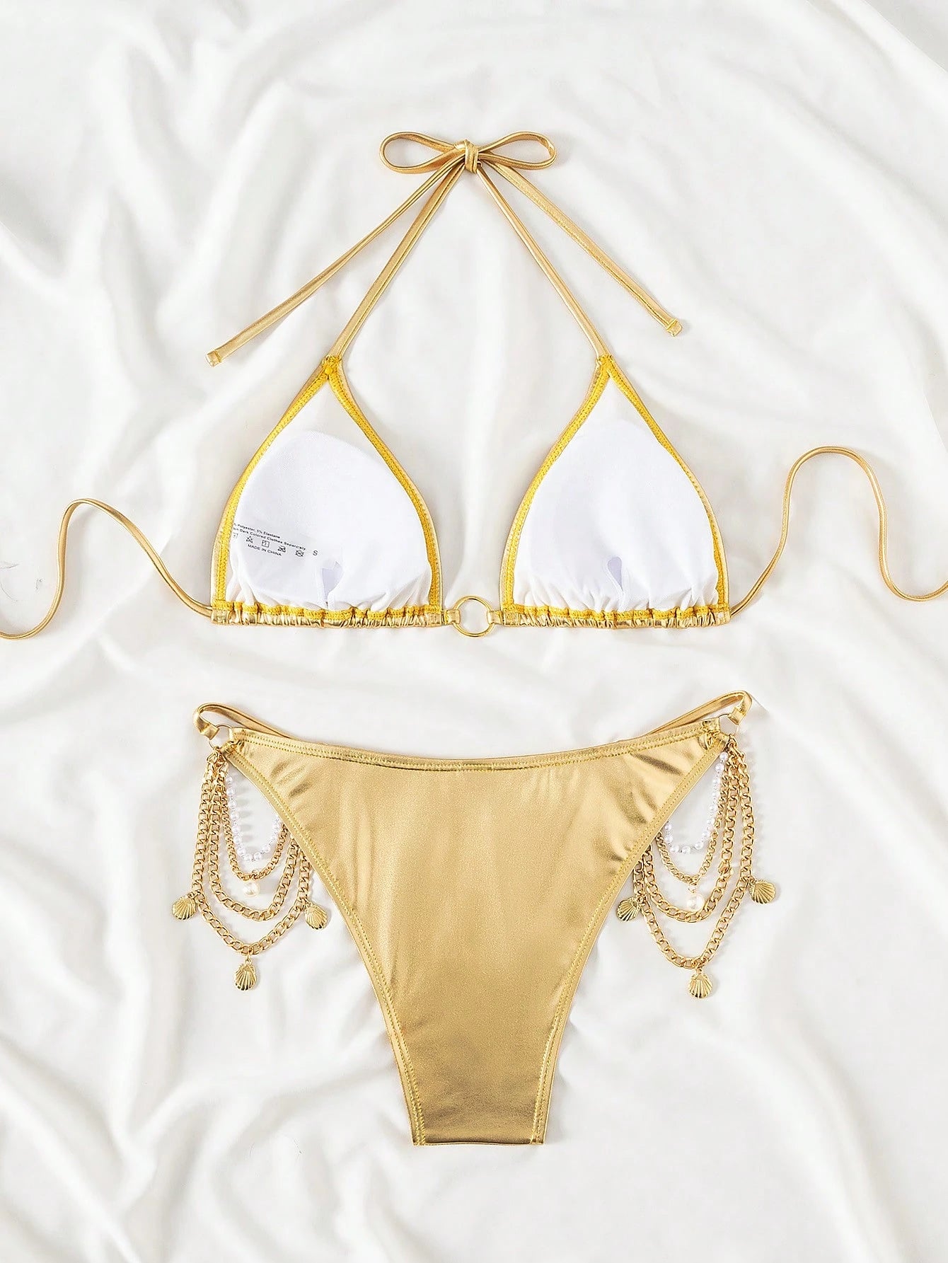 Swim SXY 2Pcs Set Women's Metallic Spring Break Swimwear, Sexy Triangle Bikini With Gold Metal Chain Detail, - image 5