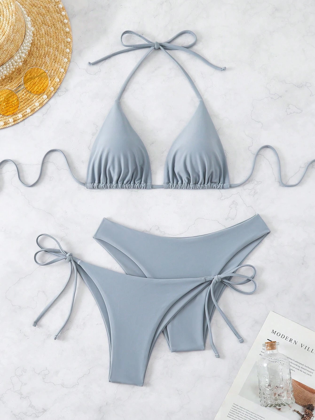 Swim Chiccia 3pcs/Set Women's Solid Ruffled Halter Bikini Set & Minimalist Swim Bottoms With Tie Waist Summer - image 11