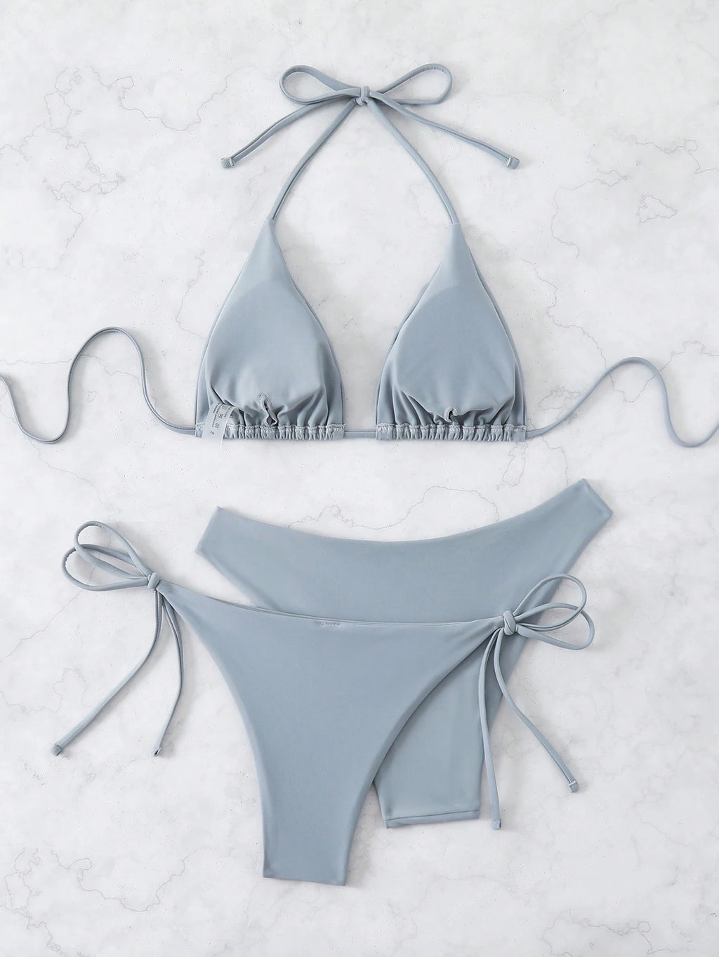 Swim Chiccia 3pcs/Set Women's Solid Ruffled Halter Bikini Set & Minimalist Swim Bottoms With Tie Waist Summer - image 12