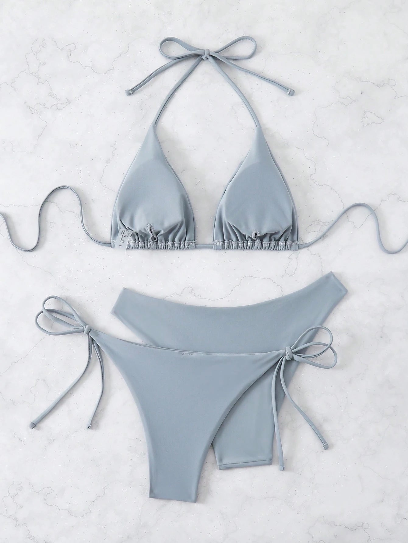 Swim Chiccia 3pcs/Set Women's Solid Ruffled Halter Bikini Set & Minimalist Swim Bottoms With Tie Waist Summer - image 12