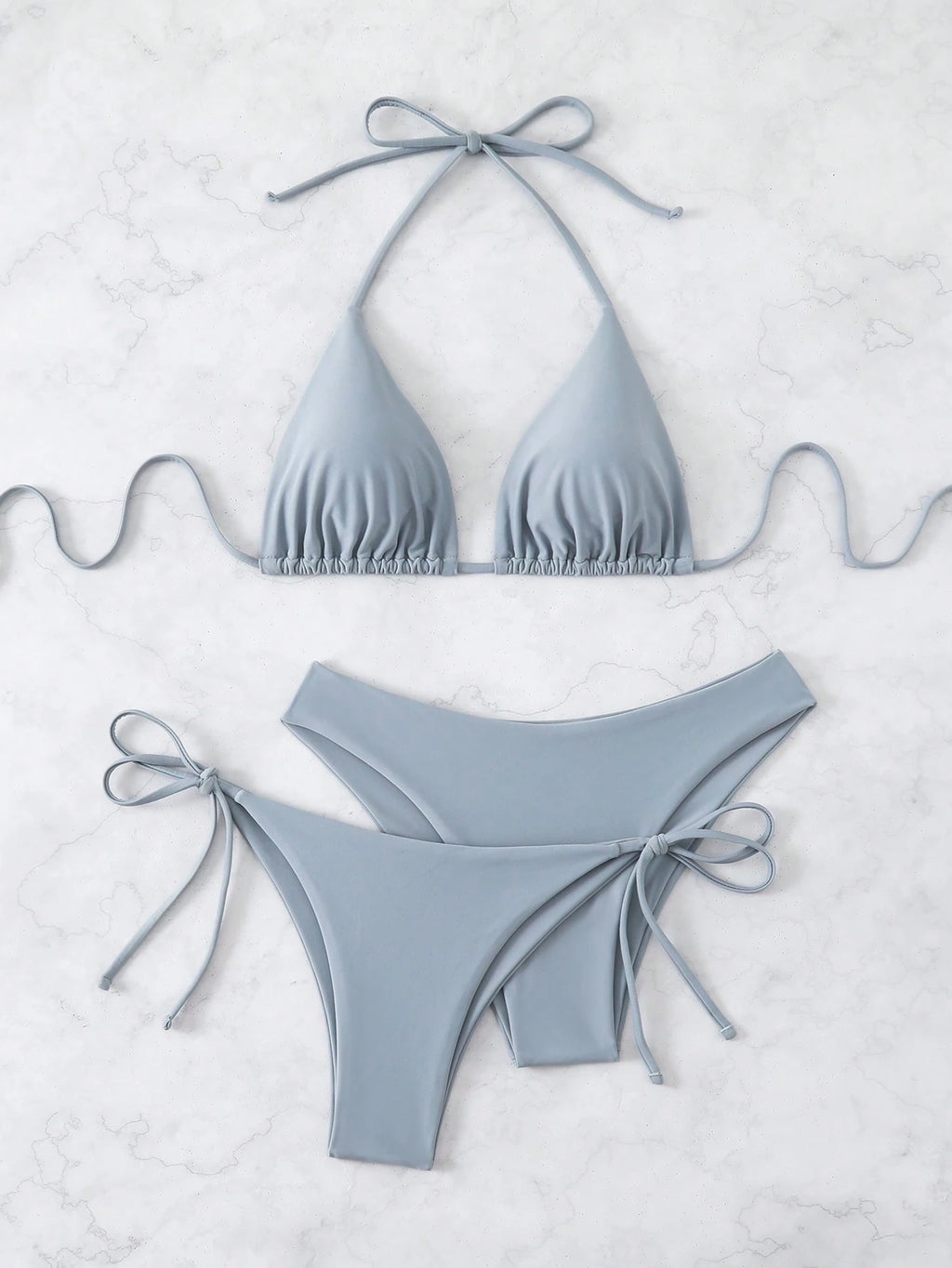 Swim Chiccia 3pcs/Set Women's Solid Ruffled Halter Bikini Set & Minimalist Swim Bottoms With Tie Waist Summer - image 14