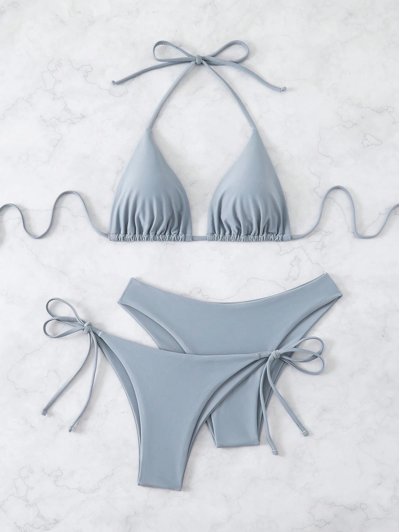 Swim Chiccia 3pcs/Set Women's Solid Ruffled Halter Bikini Set & Minimalist Swim Bottoms With Tie Waist Summer - image 14