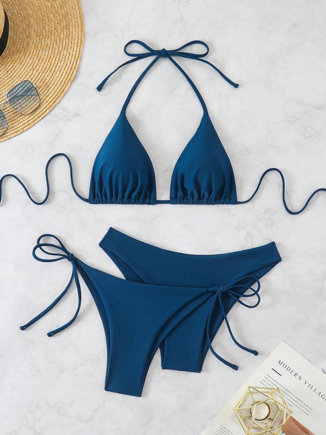 Swim Basics Women Summer Beach Solid Halter Neck 3-Piece Bikini Set Bathing Suit