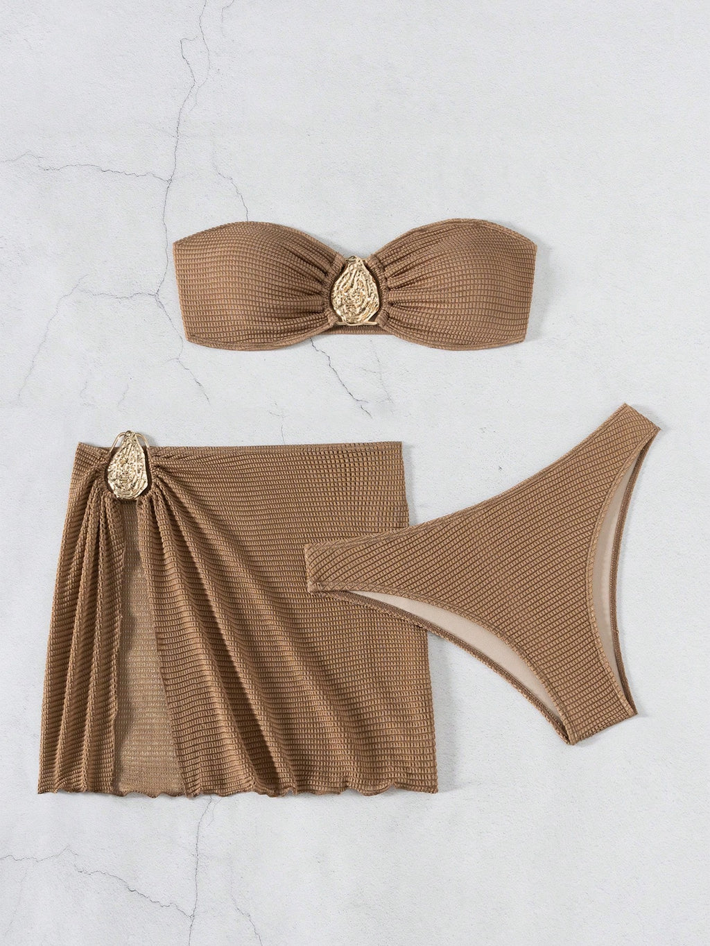 3pcs New Fashion Sexy Solid Color Bikini Set Brown Bathing Suit, For