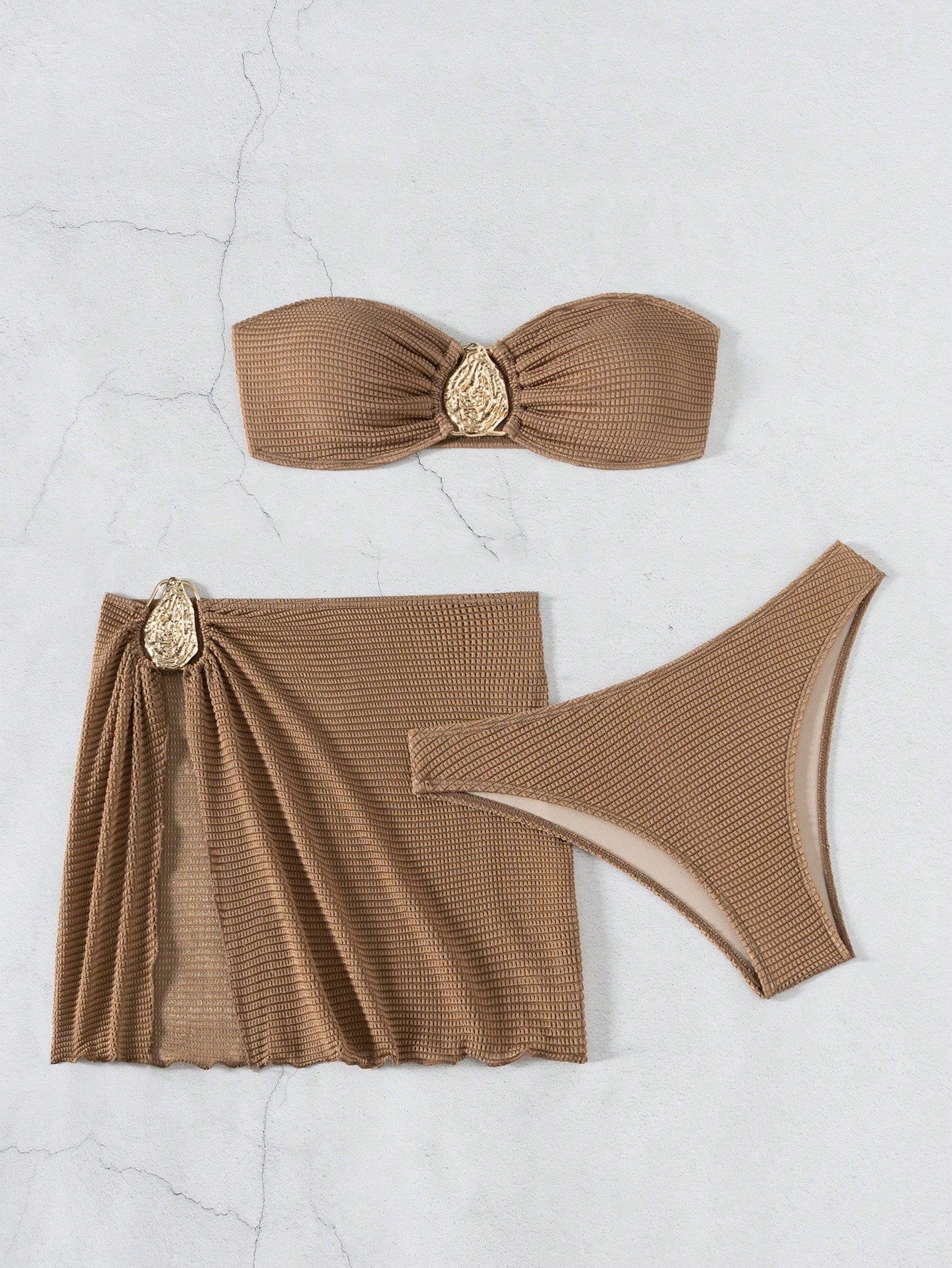 3pcs New Fashion Sexy Solid Color Bikini Set Brown Bathing Suit, For Summer Beach For Women, Halter Bra & - image 3