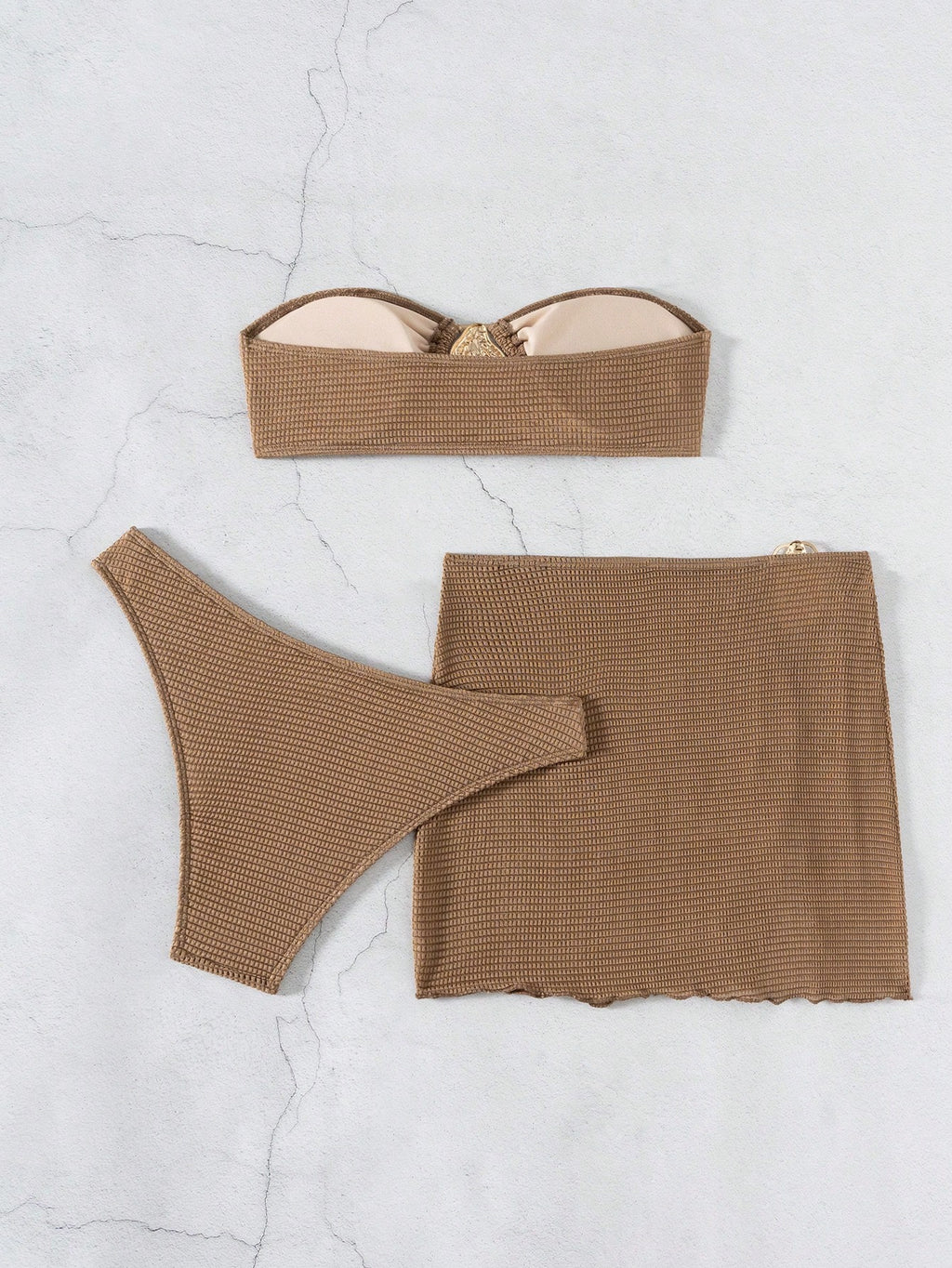3pcs New Fashion Sexy Solid Color Bikini Set Brown Bathing Suit, For
