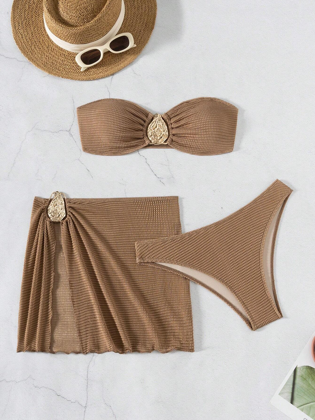 3pcs New Fashion Sexy Solid Color Bikini Set Brown Bathing Suit, For