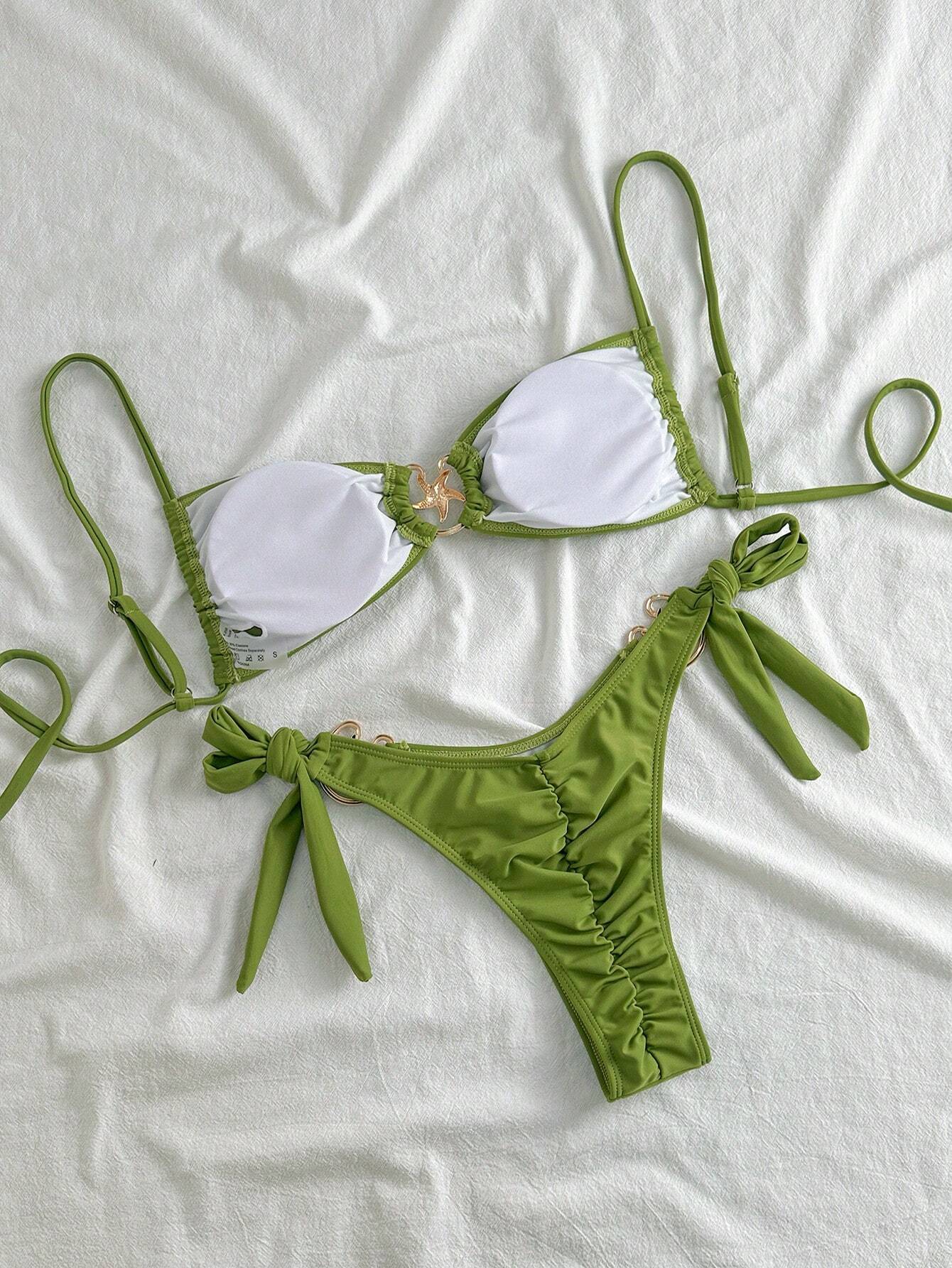 Swim Mod Women's Red Plain Boho Spaghetti Strap Tie Back Tie Side Bikini Set Sty