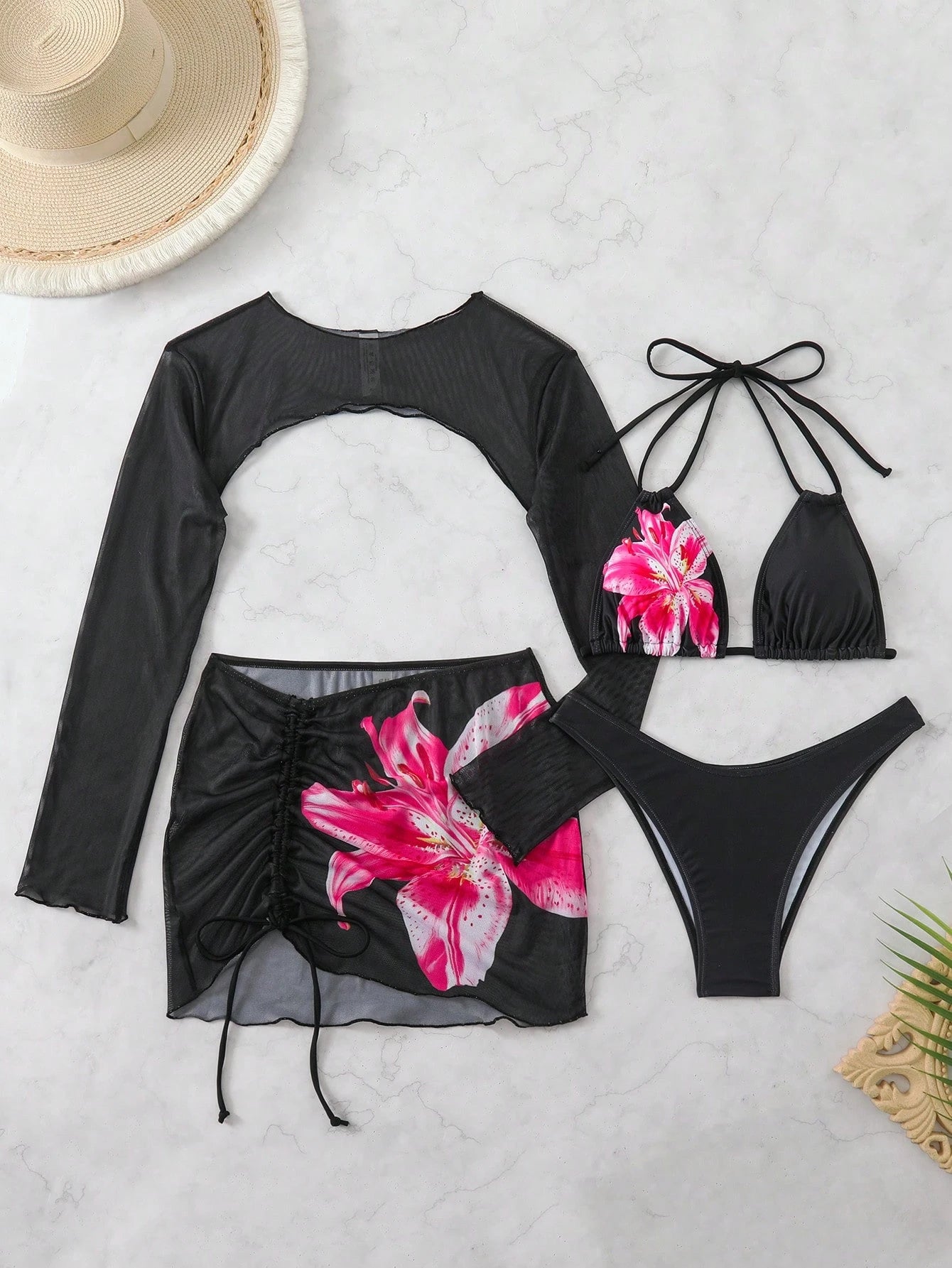 Swim Mod Summer 4 Pieces Set: Triangle Halter Top, Long Sleeve
