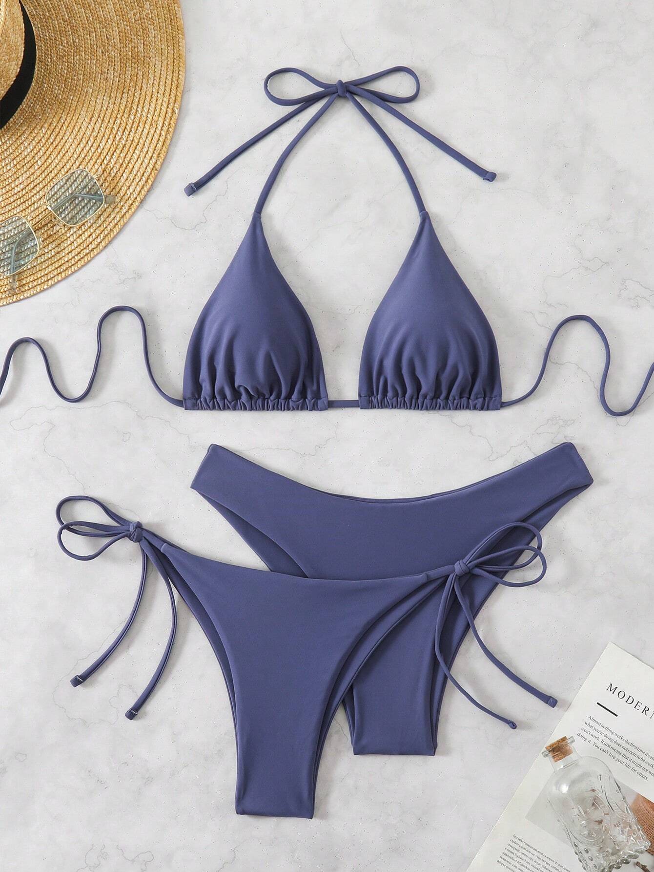 Swim Chiccia 3pcs/Set Women's Solid Ruffled Halter Bikini Set &