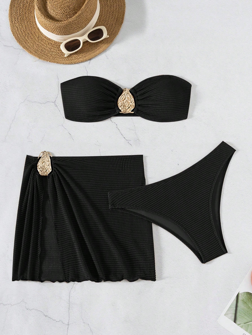 3pcs New Fashion Sexy Solid Color Bikini Set Brown Bathing Suit, For