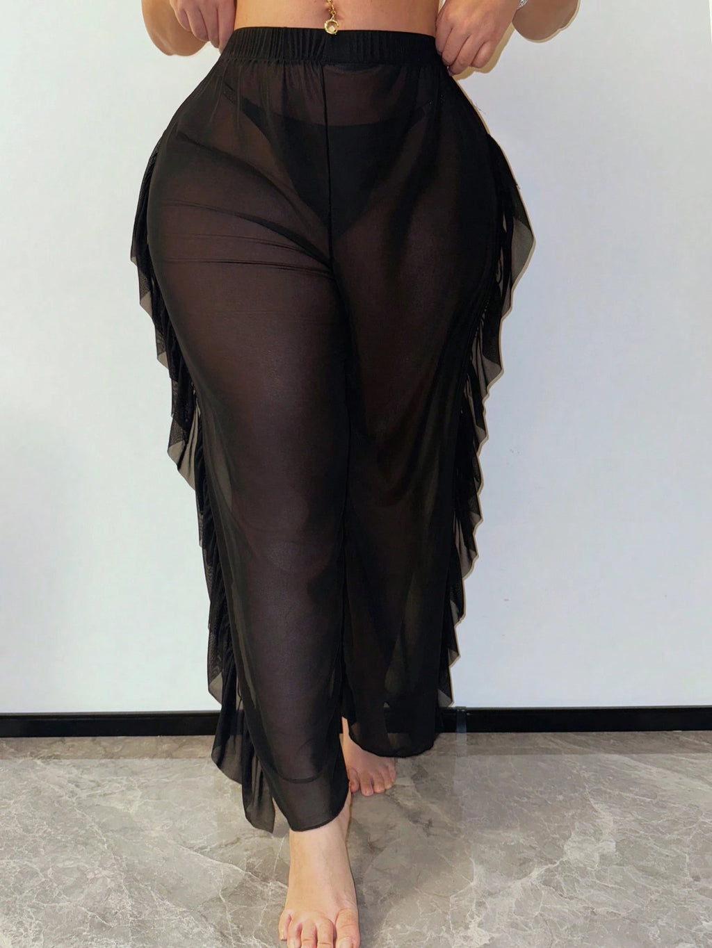 Slaydiva Ruffled Hem Solid Color Plus Size Women Cover Up & Pants Set