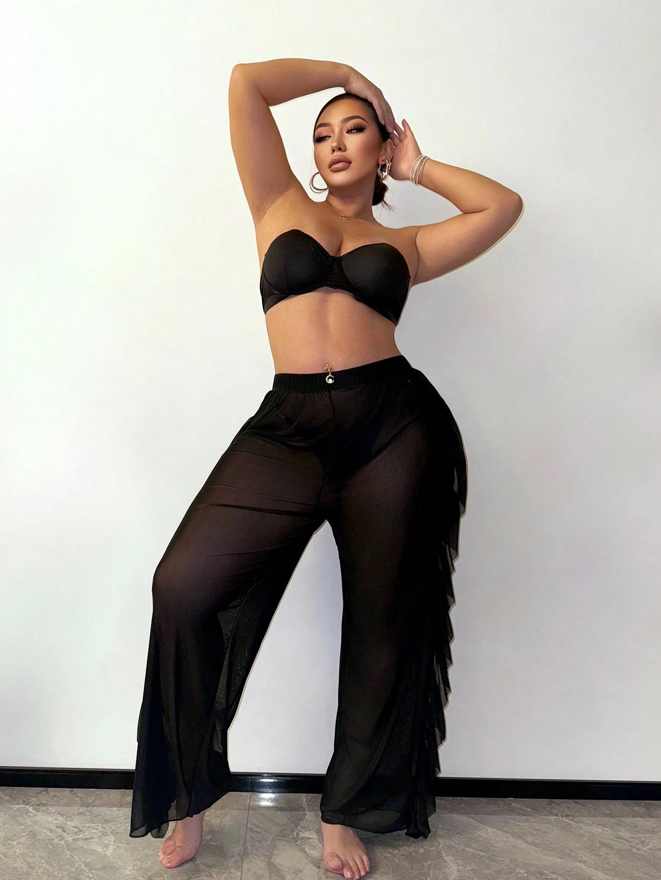 Slaydiva Ruffled Hem Solid Color Plus Size Women Cover Up & Pants Set - image 5