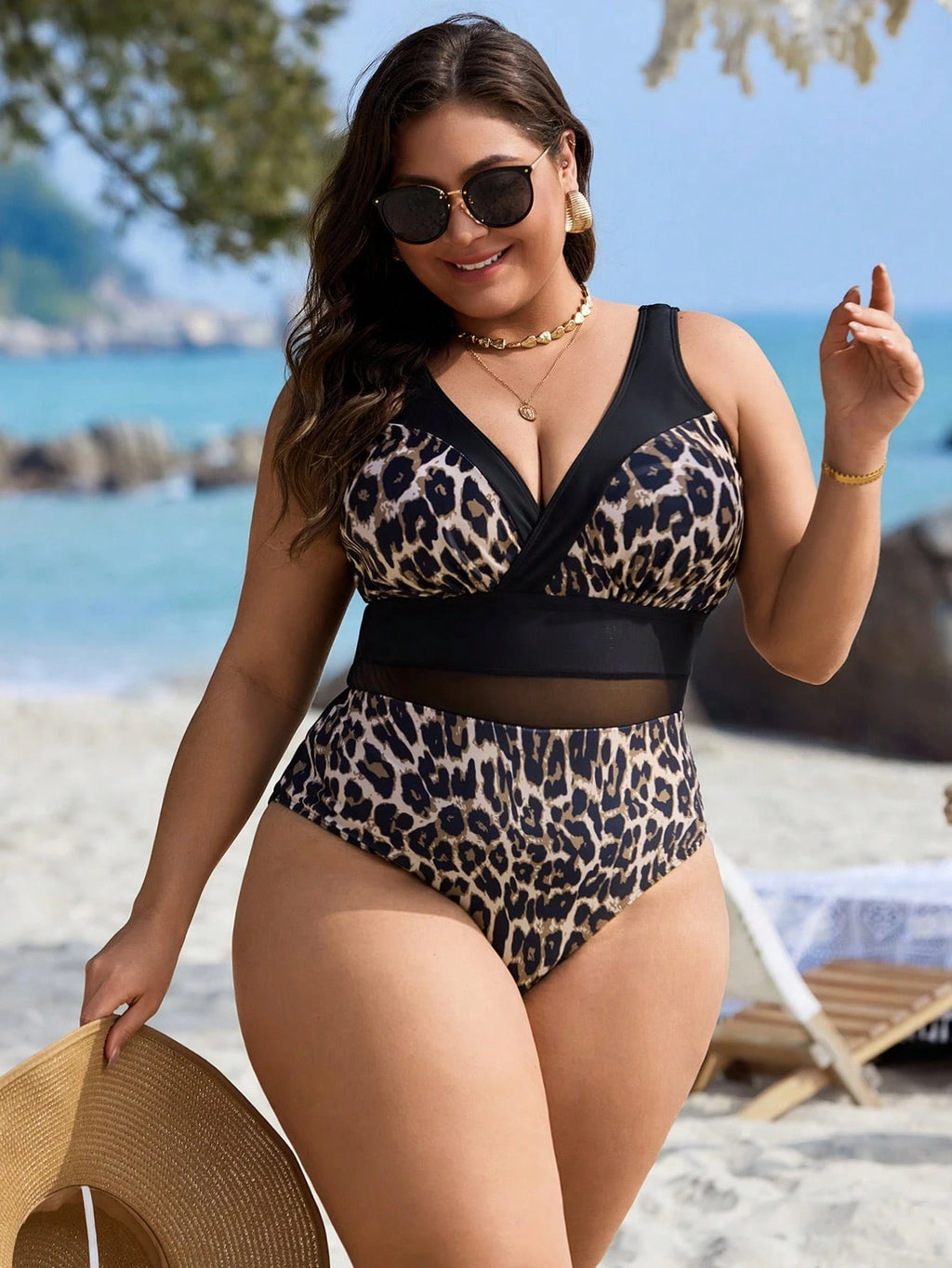 Swim Lushoire Plus Size Women's Black Random Leopard Print Mesh Patchwork Sexy One-Piece Swimsuit, For Summer - image 12