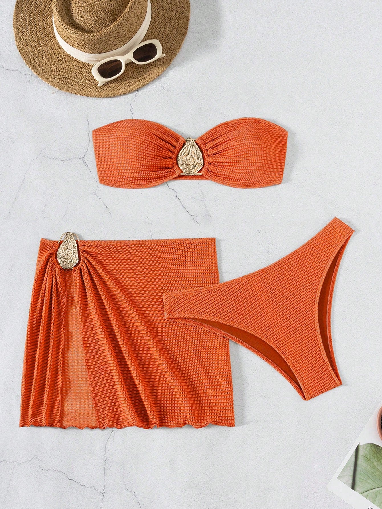 3pcs New Fashion Sexy Solid Color Bikini Set Brown Bathing Suit, For