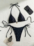 Women 2pcs Sexy Black & White Polka Dot Printed Bikini Swimwear Set,