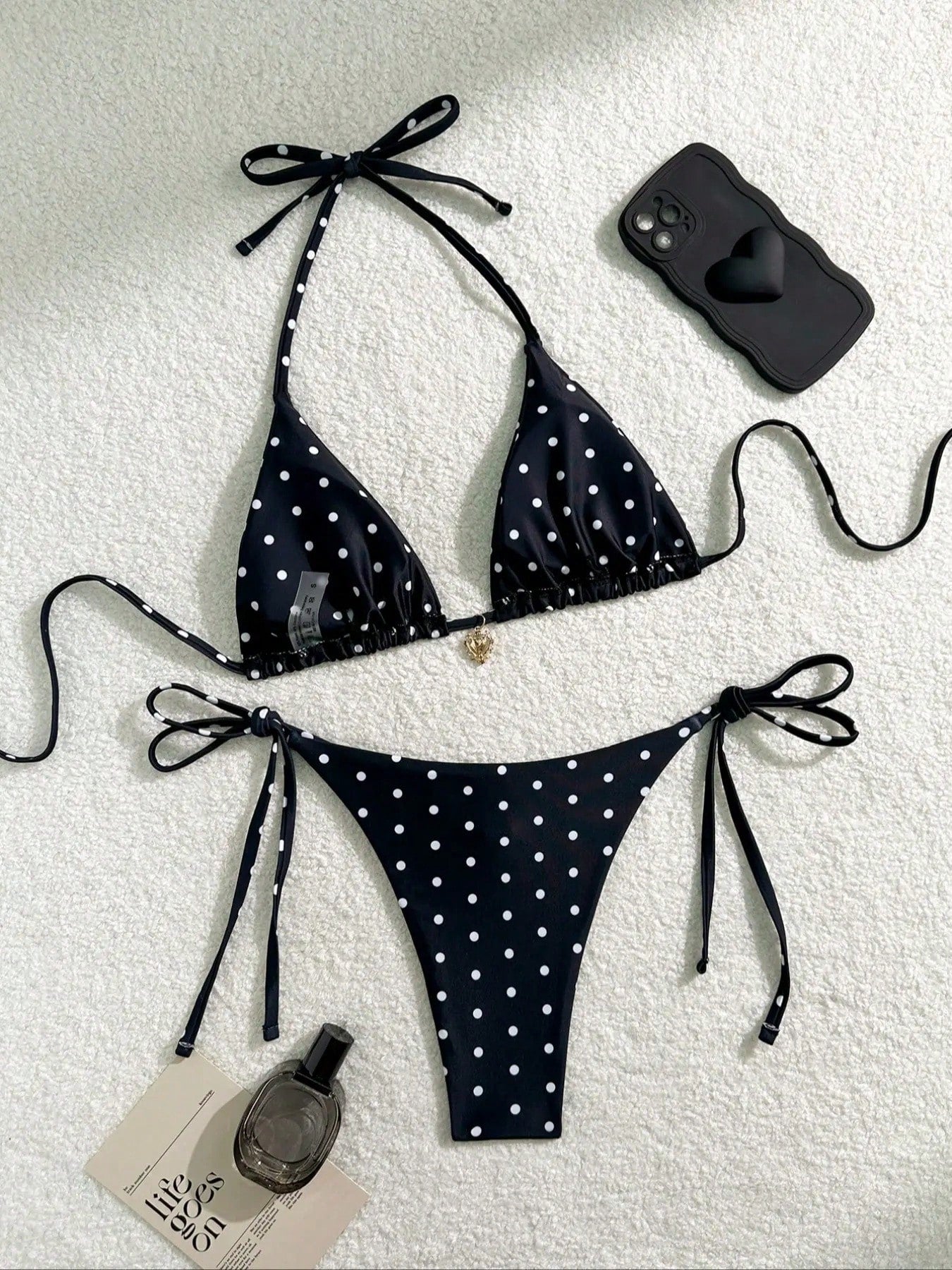 Women 2pcs Sexy Black & White Polka Dot Printed Bikini Swimwear Set,
