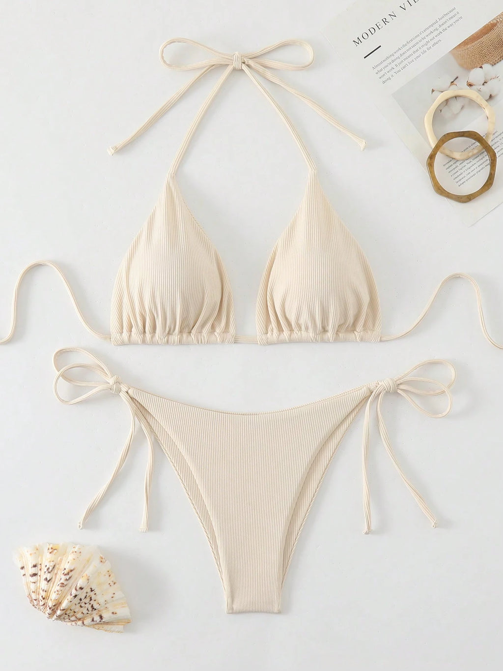 Swim Basics Summer Beach Mono Bikini Set Halter Triangle Bra & Tie