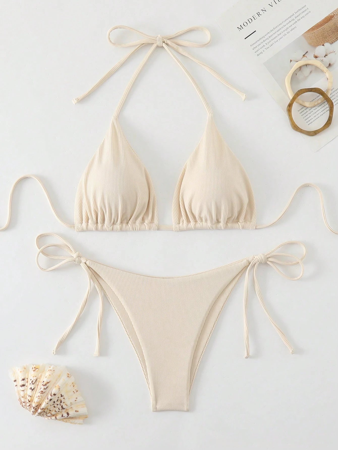 Swim Basics Summer Beach Mono Bikini Set Halter Triangle Bra & Tie