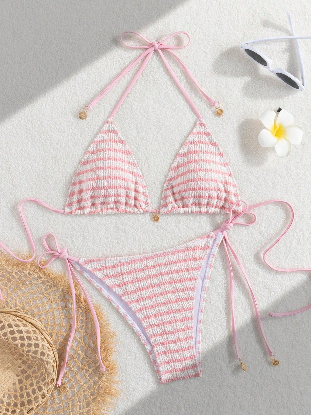Premium European Halter Bikini With Striped Wavy Split Design,