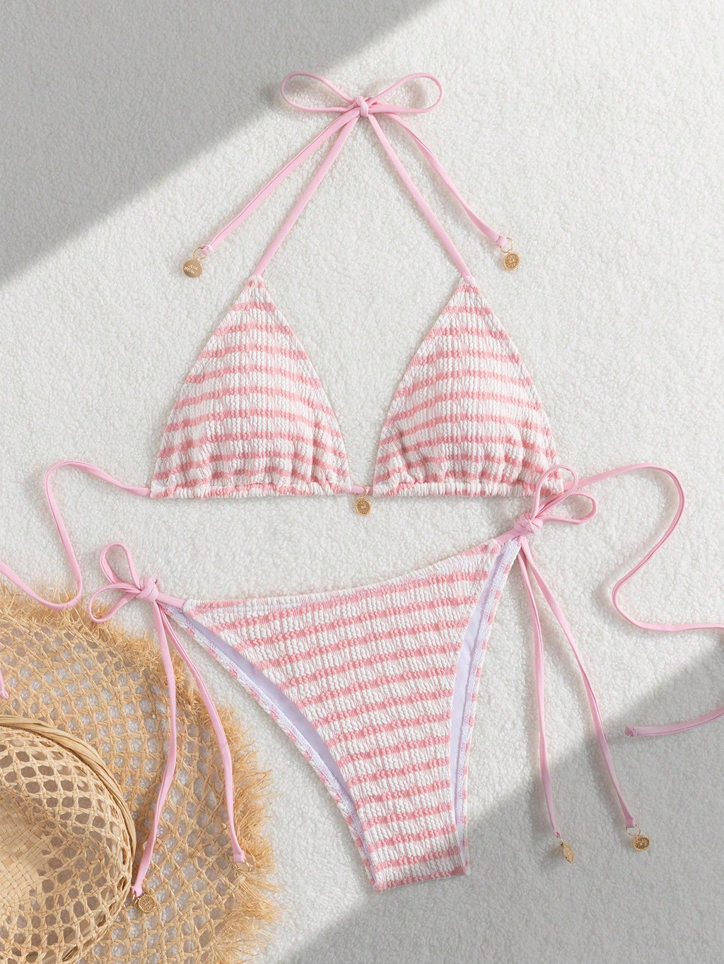 Premium European Halter Bikini With Striped Wavy Split Design,