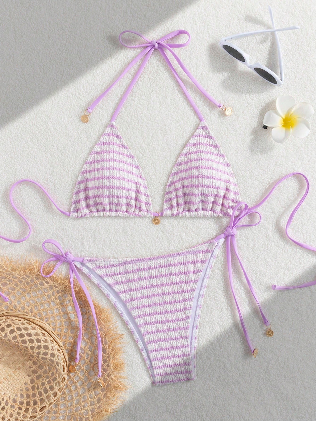 Premium European Halter Bikini With Striped Wavy Split Design,