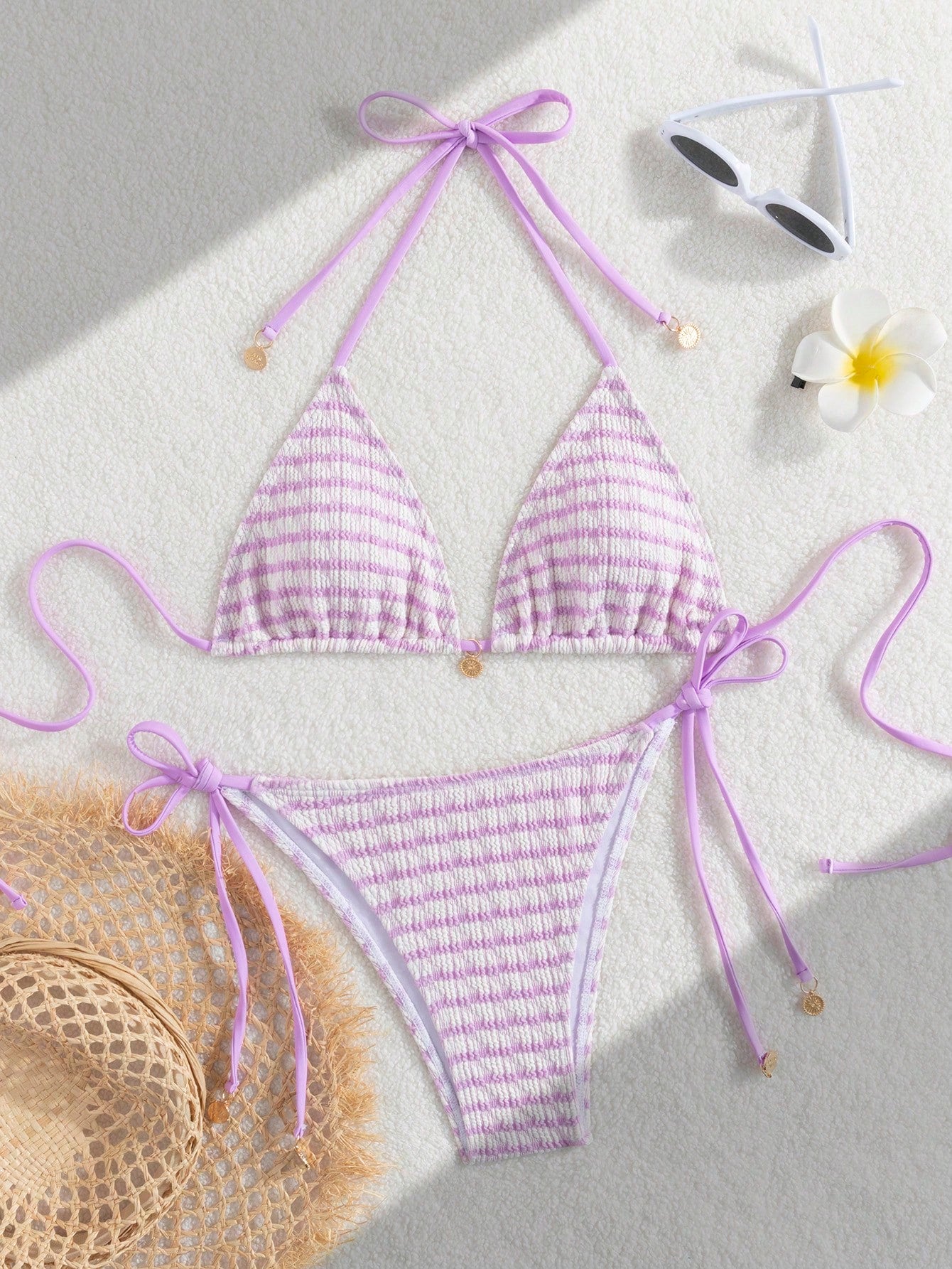 Premium European Halter Bikini With Striped Wavy Split Design,