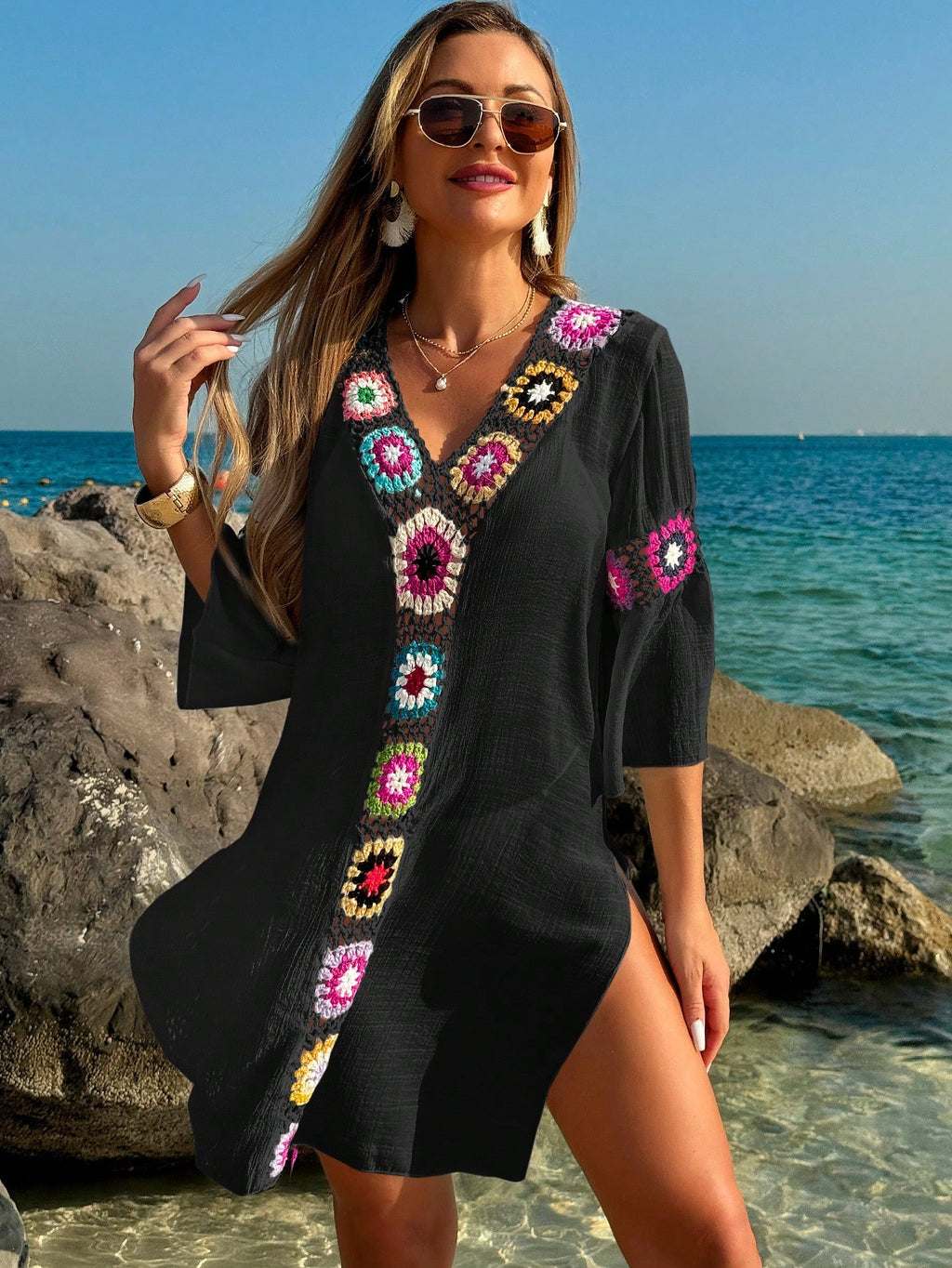 Swim Lushoire Women's V-Neck 3/4 Sleeve Crochet Floral Random Color Loose Side Slit Beach Cover Up Dress - image 14