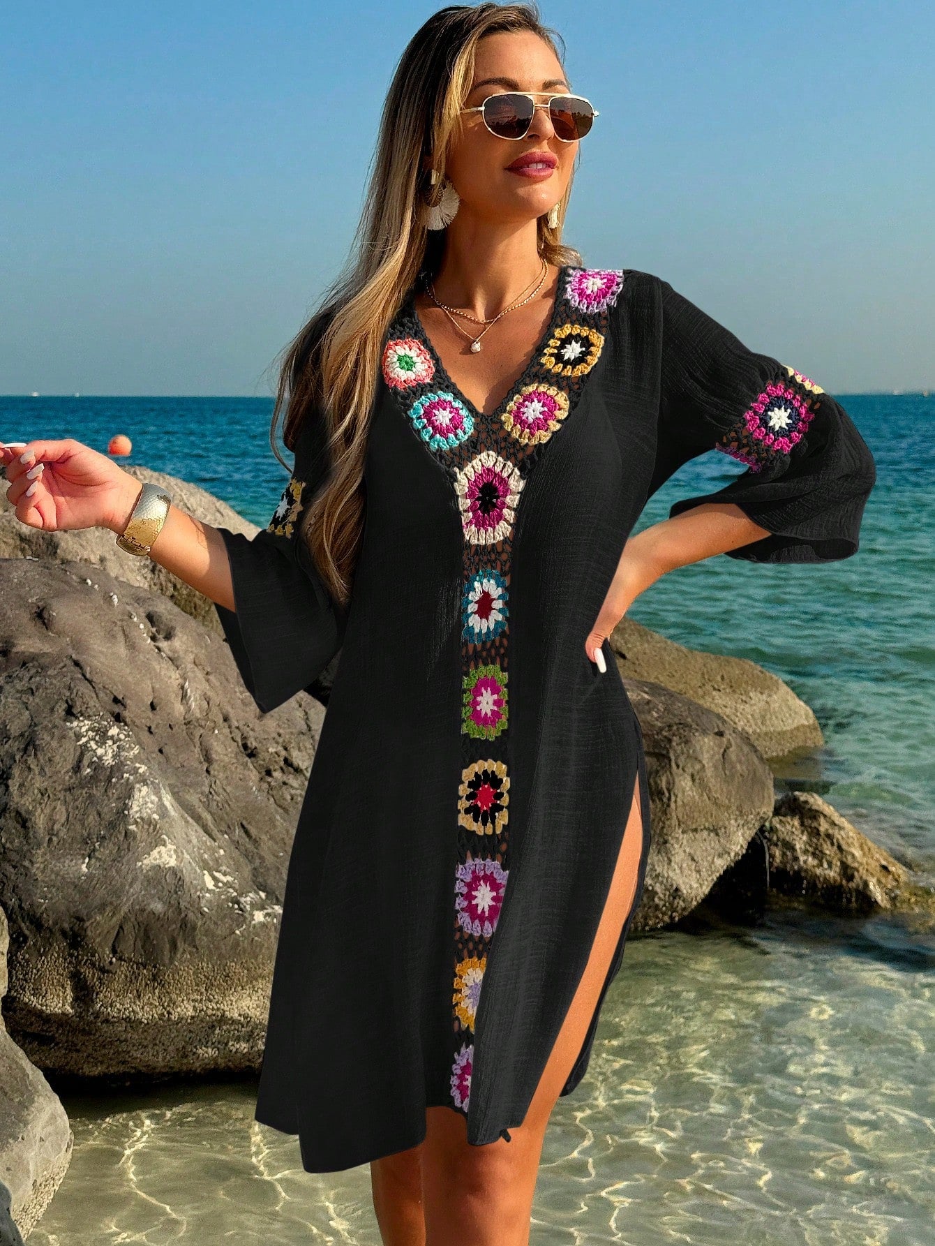 Swim Lushoire Women's V-Neck 3/4 Sleeve Crochet Floral Random Color Loose Side Slit Beach Cover Up Dress - image 11