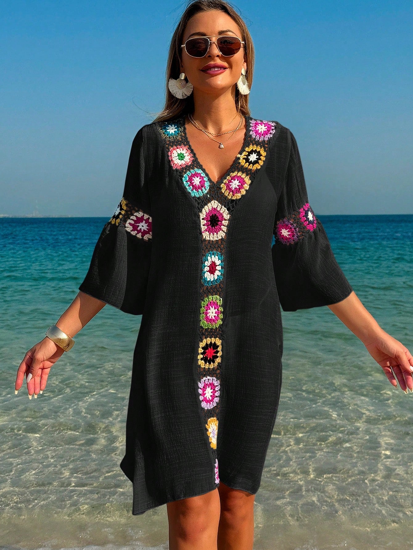 Swim Lushoire Women's V-Neck 3/4 Sleeve Crochet Floral Random Color Loose Side Slit Beach Cover Up Dress - image 15