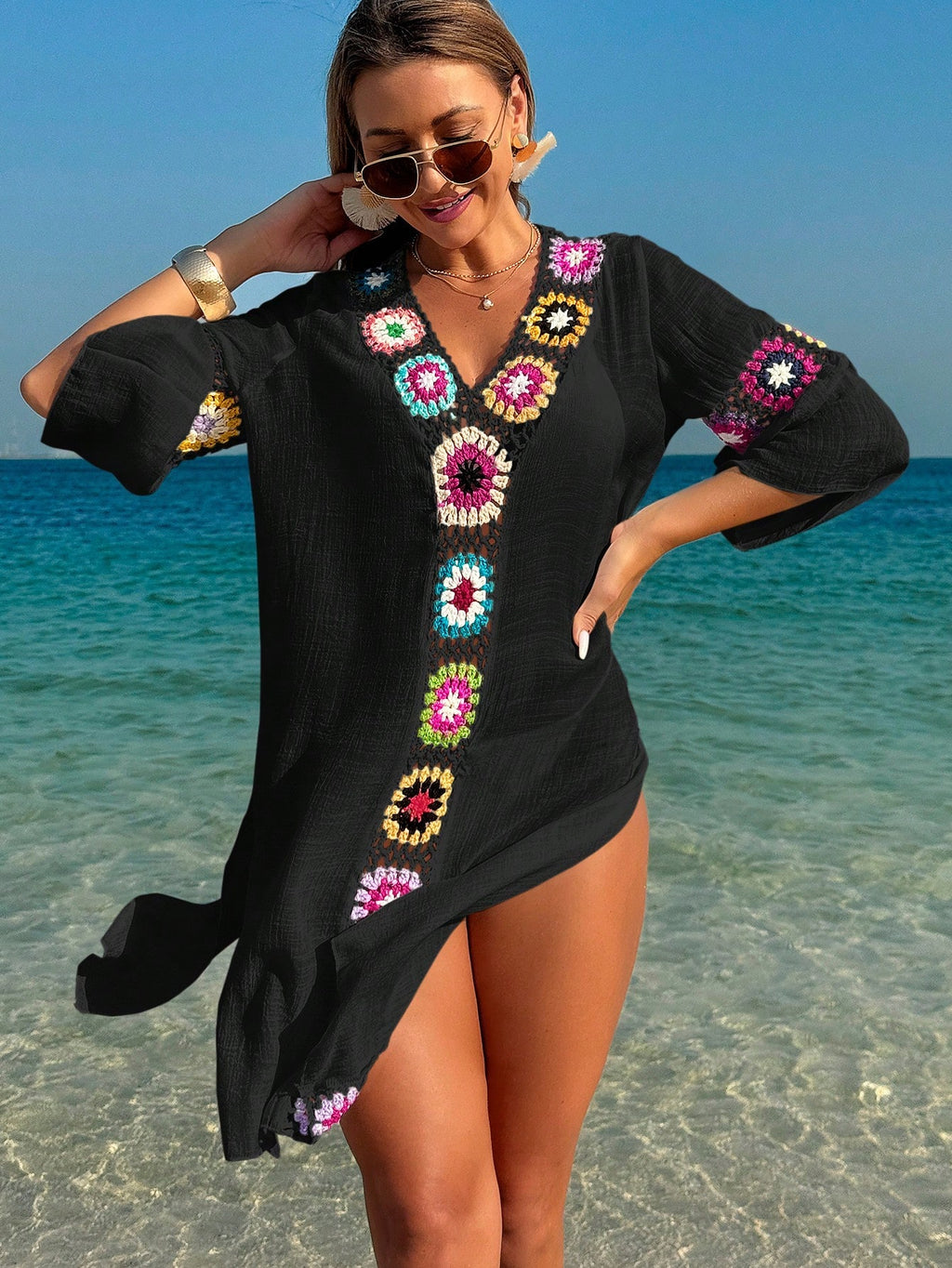 Swim Lushoire Women's V-Neck 3/4 Sleeve Crochet Floral Random Color Loose Side Slit Beach Cover Up Dress - image 16