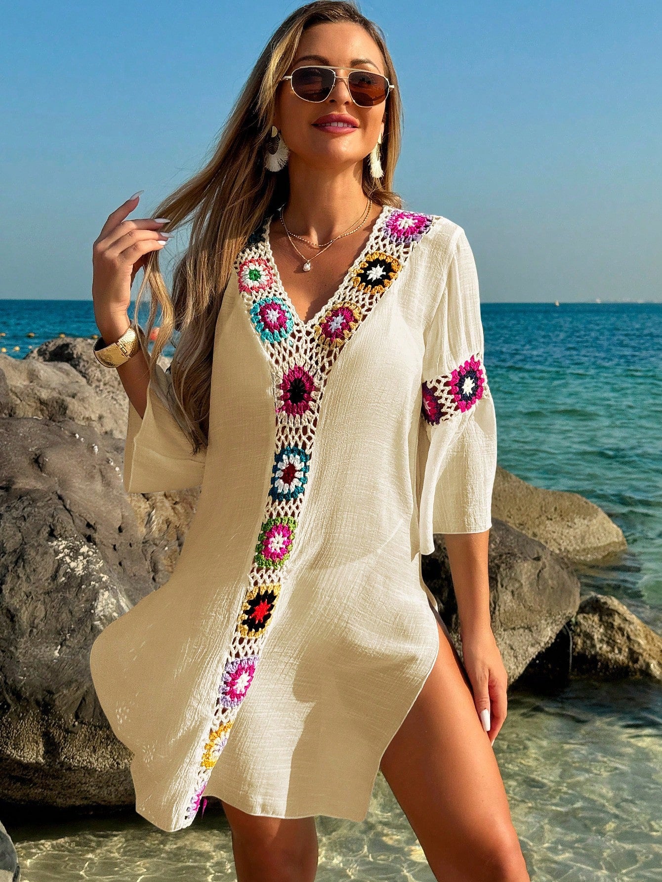 Swim Lushoire Women's V-Neck 3/4 Sleeve Crochet Floral Random Color Loose Side Slit Beach Cover Up Dress - image 4