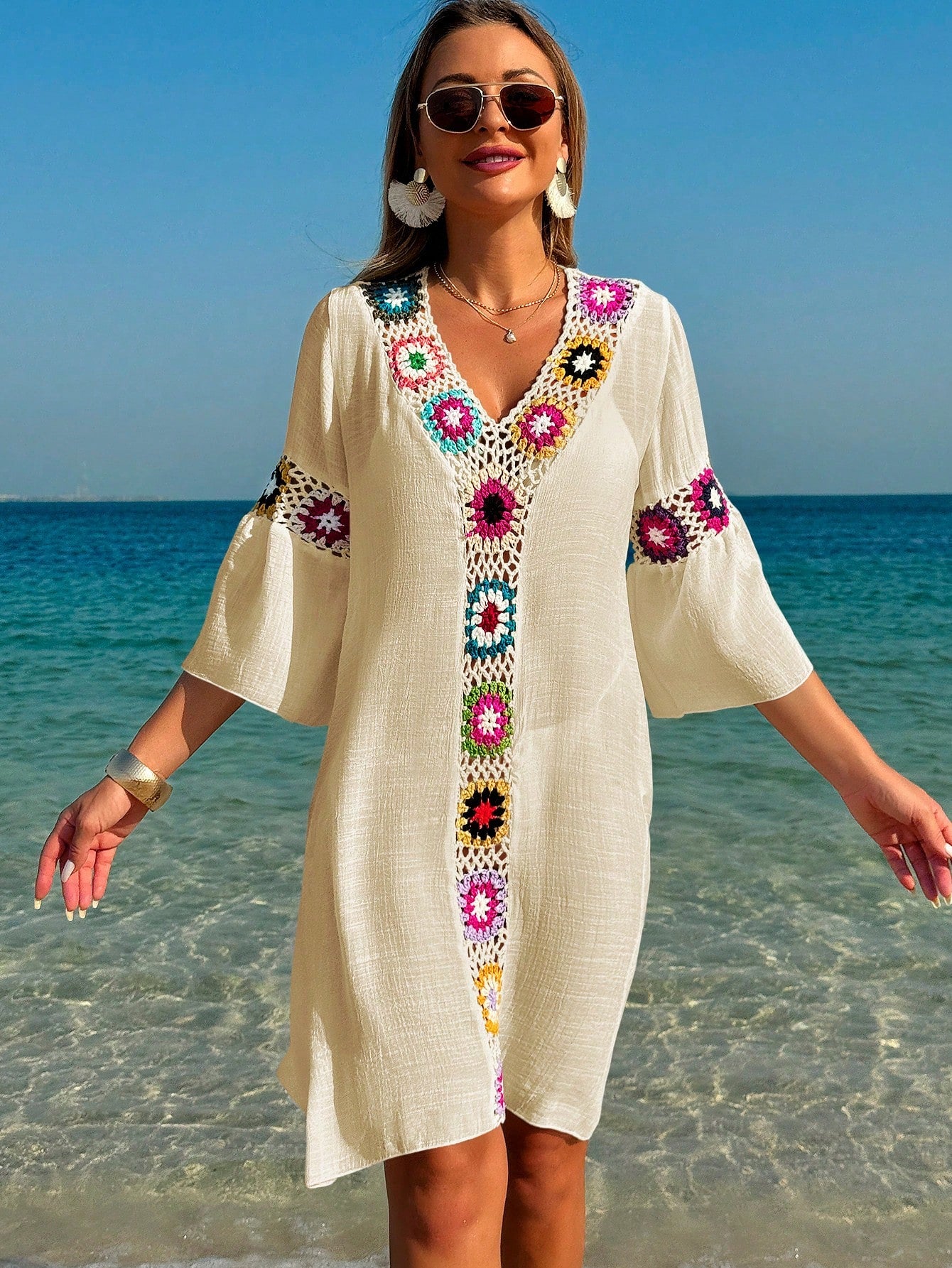 Swim Lushoire Women's V-Neck 3/4 Sleeve Crochet Floral Random Color Loose Side Slit Beach Cover Up Dress - image 3