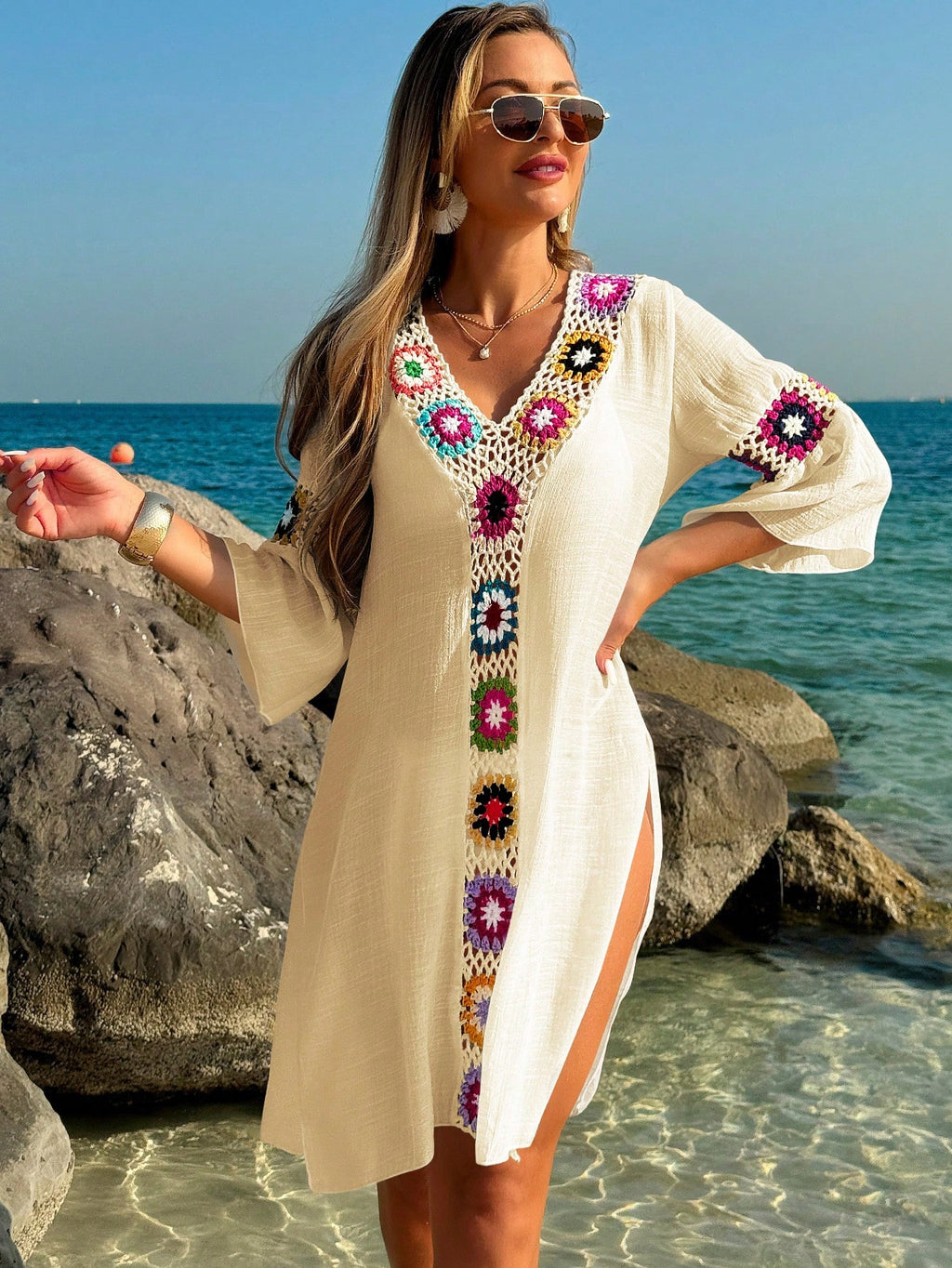 Swim Lushoire Women's V-Neck 3/4 Sleeve Crochet Floral Random Color Loose Side Slit Beach Cover Up Dress