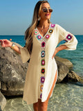 Swim Lushoire Women's V-Neck 3/4 Sleeve Crochet Floral Random Color Loose Side Slit Beach Cover Up Dress