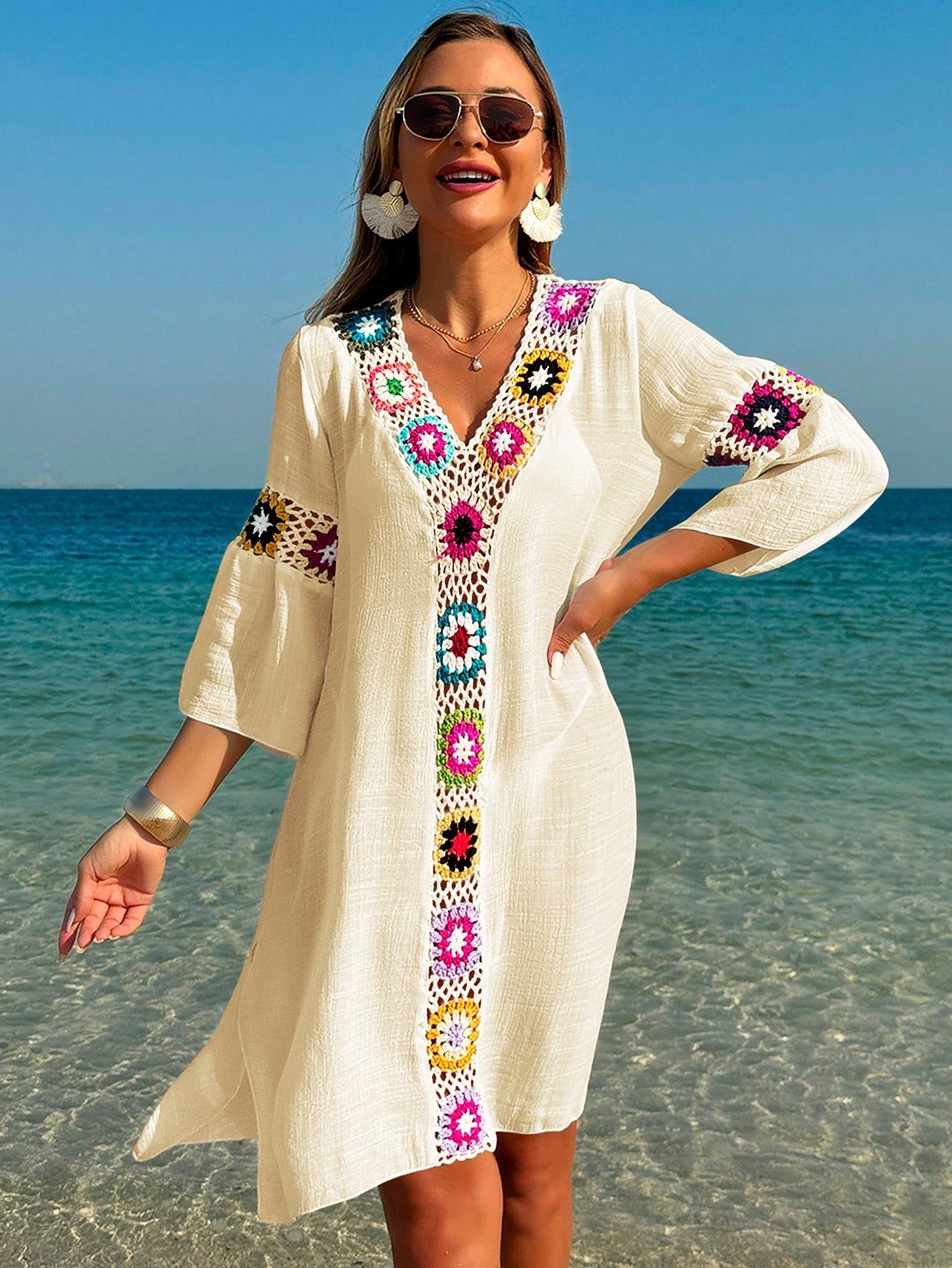 Swim Lushoire Women's V-Neck 3/4 Sleeve Crochet Floral Random Color Loose Side Slit Beach Cover Up Dress - image 6
