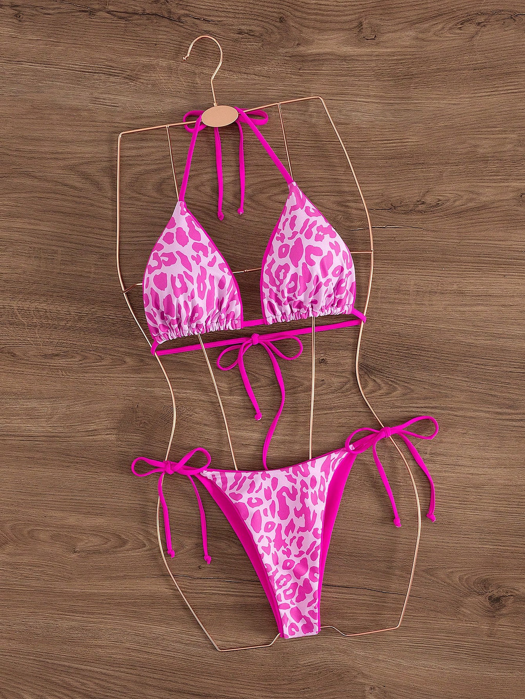 Women's Leopard Print Halter Neck Tie Sexy Bikini Set, Summer Beach Vacation Sty
