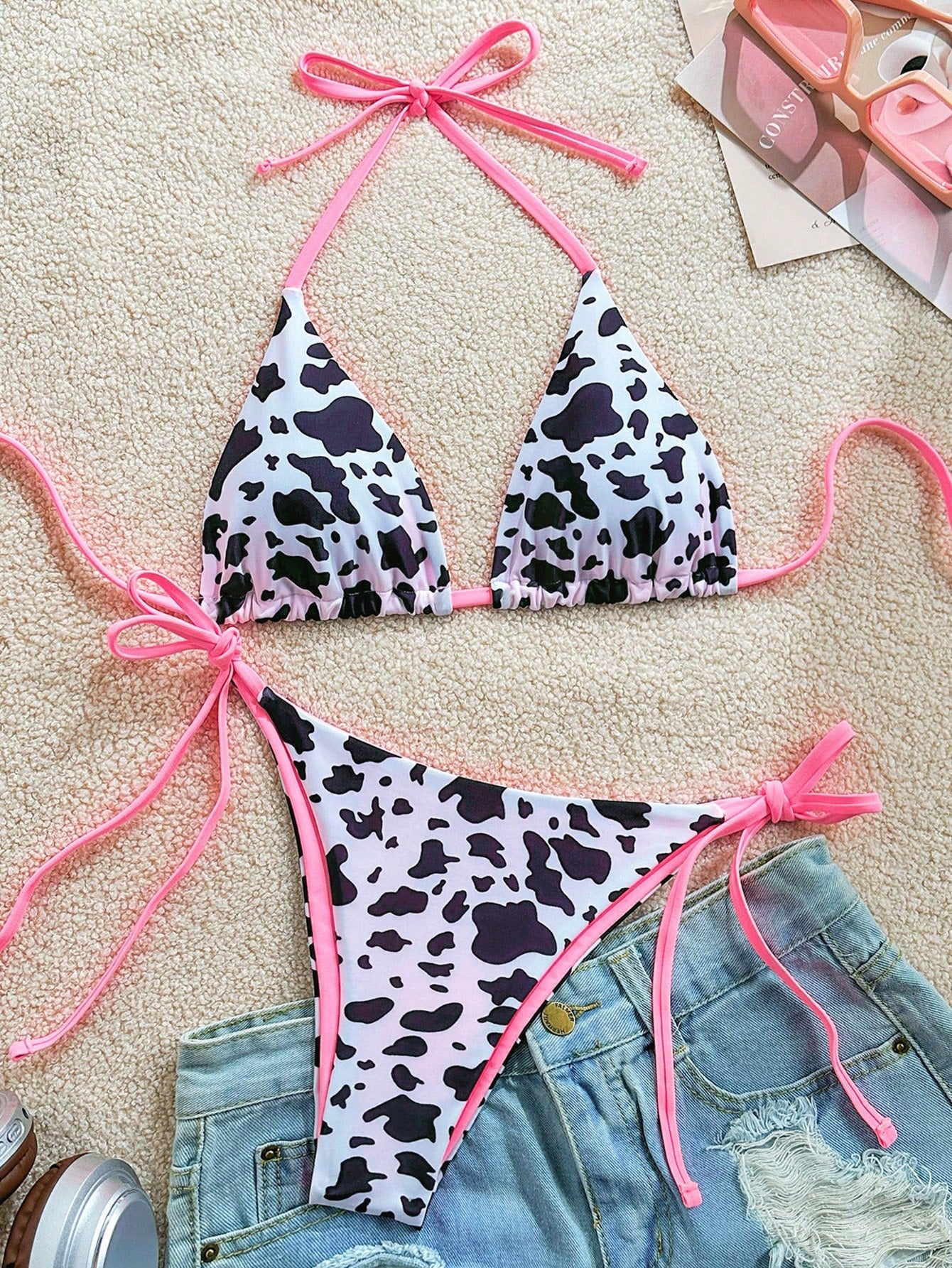 Soleia 2pcs/Set Women's Vacation Cow Print Contrasting Magenta Reversible Halter Tie Bikini, For Summer Beach - image 7